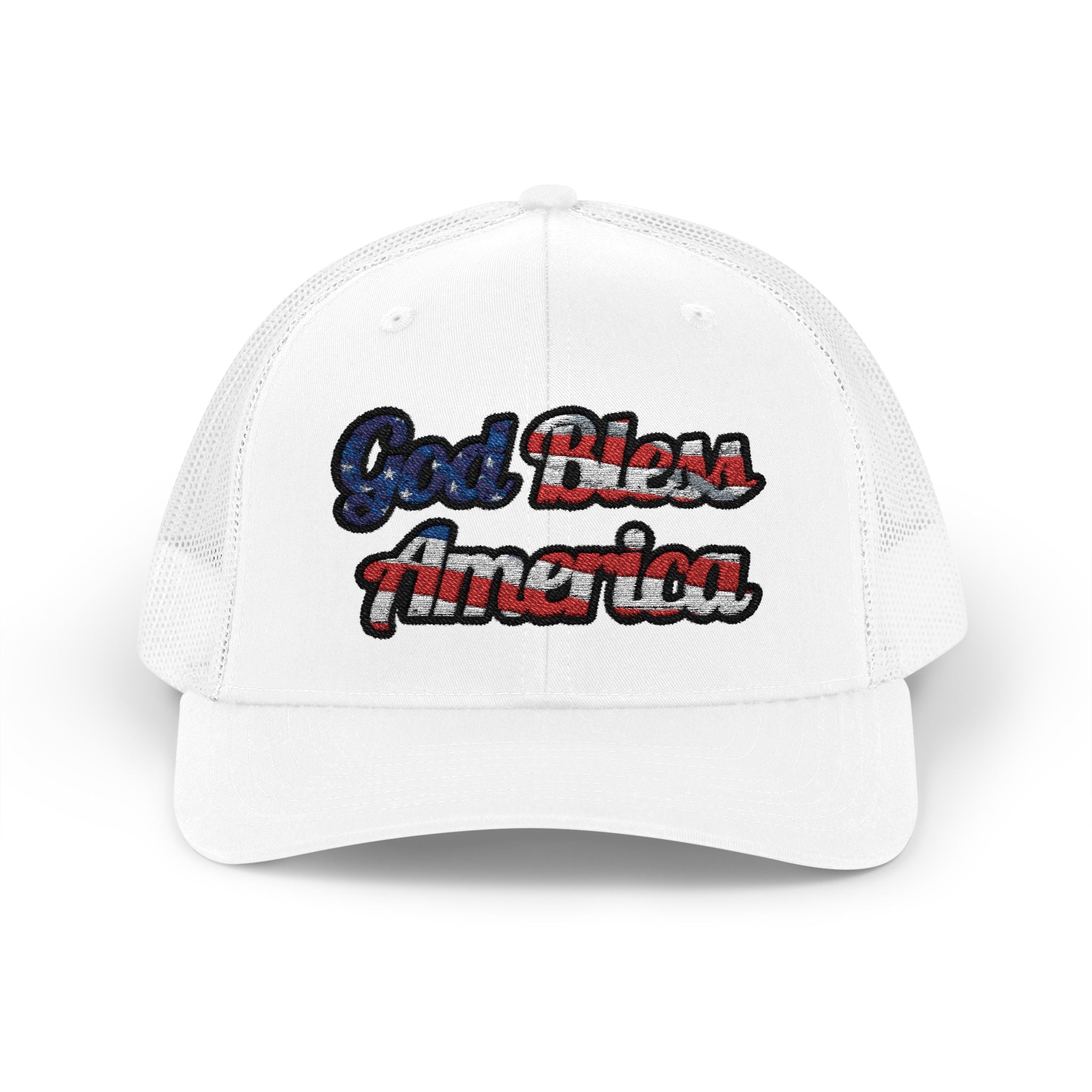 White God Bless America Cap with Red and Blue Text, Front View