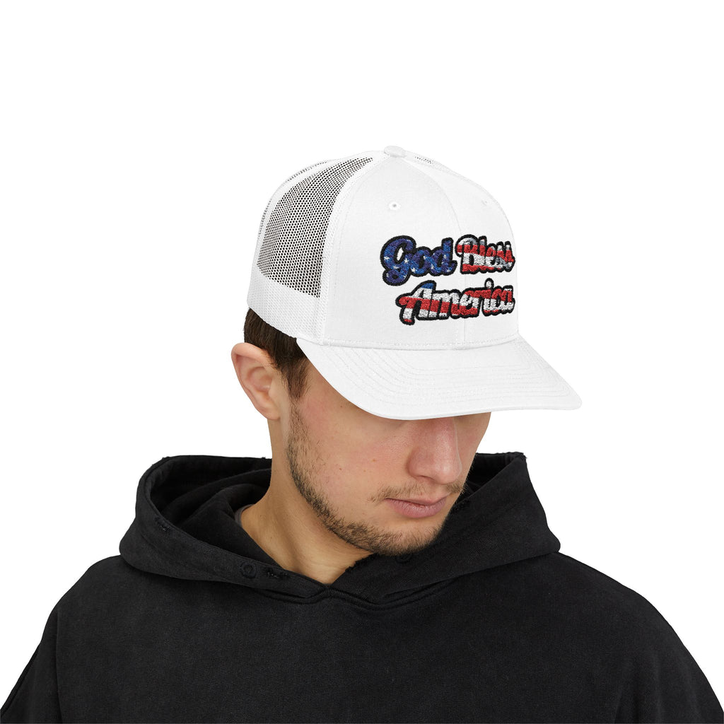 Hats God Bless America Cap in white with mesh back, shown from the front on a model