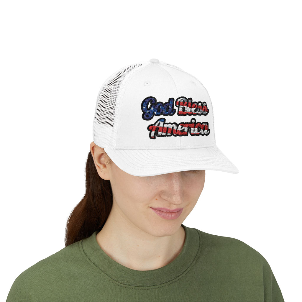 White God Bless America Cap with colorful lettering, viewed from the front