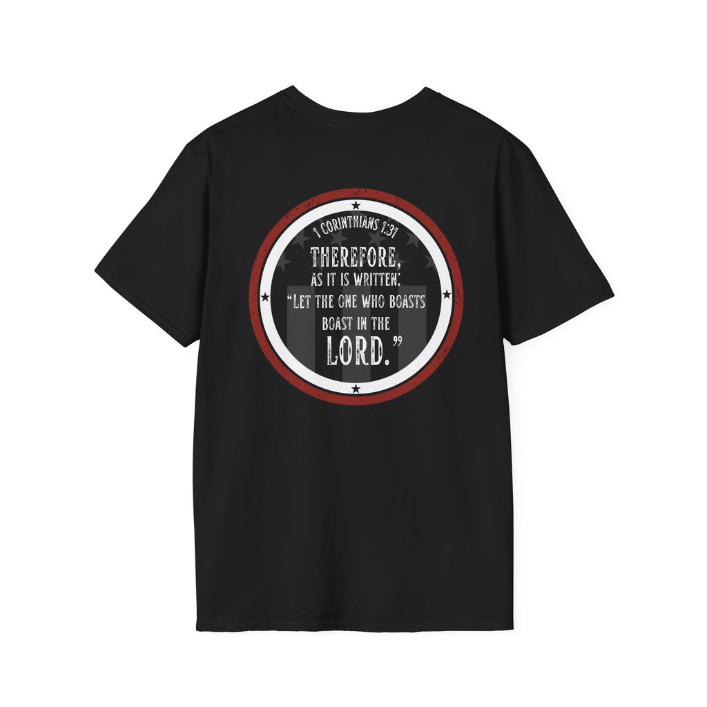 Black Gods Country patriotic t-shirt featuring 1 Corinthians 1:31 phrase on back view
