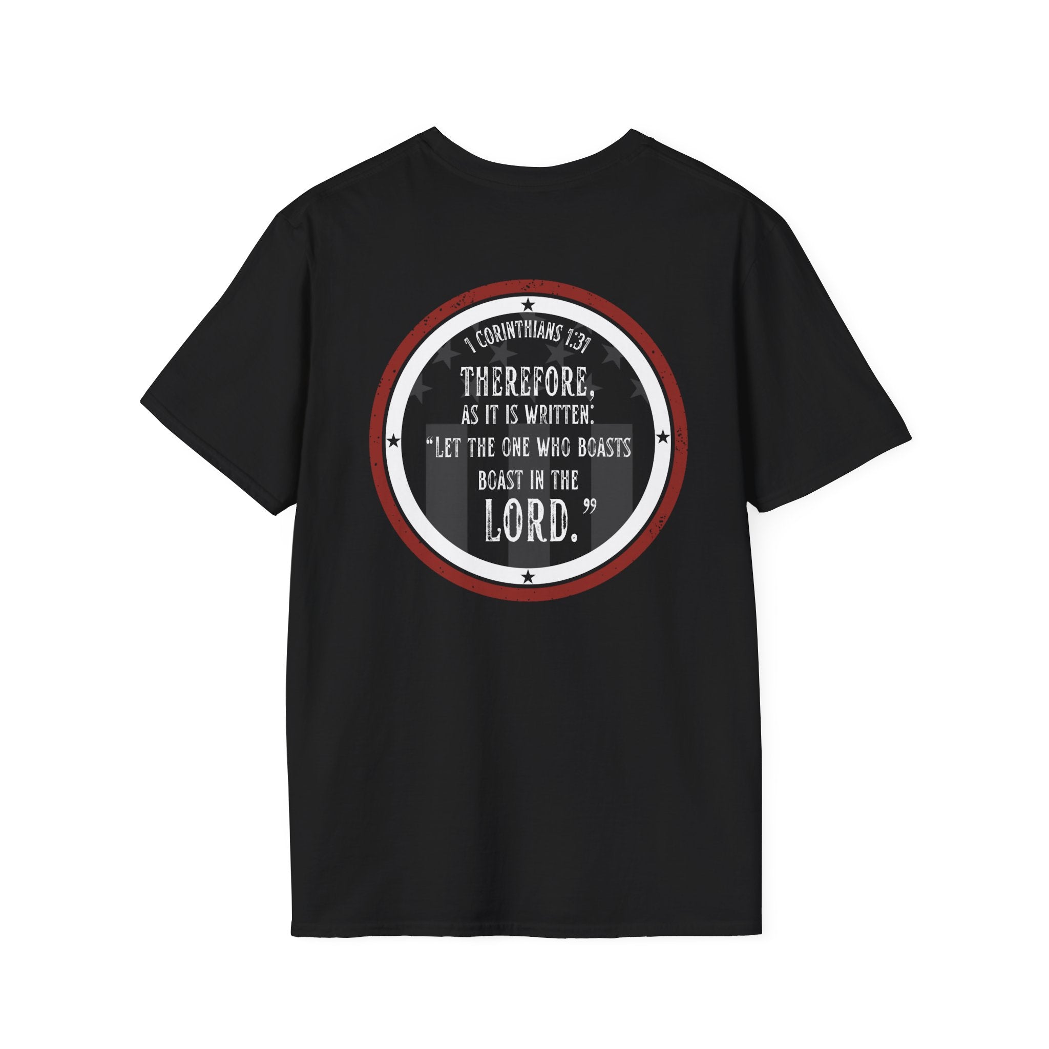 Black Gods Country patriotic t-shirt featuring 1 Corinthians 1:31 phrase on back view