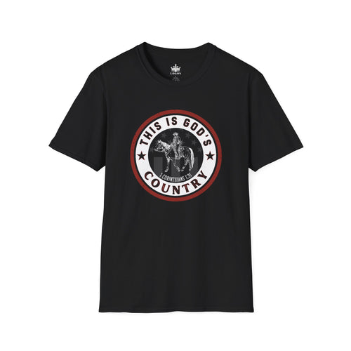 Front view of black Gods Country patriotic t-shirt featuring cowboy graphic and bold lettering