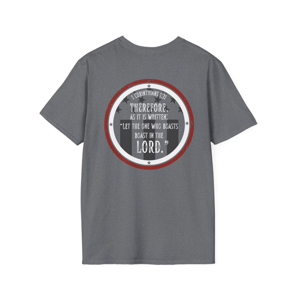 Gods Country patriotic t-shirt with scripture on the back in gray color