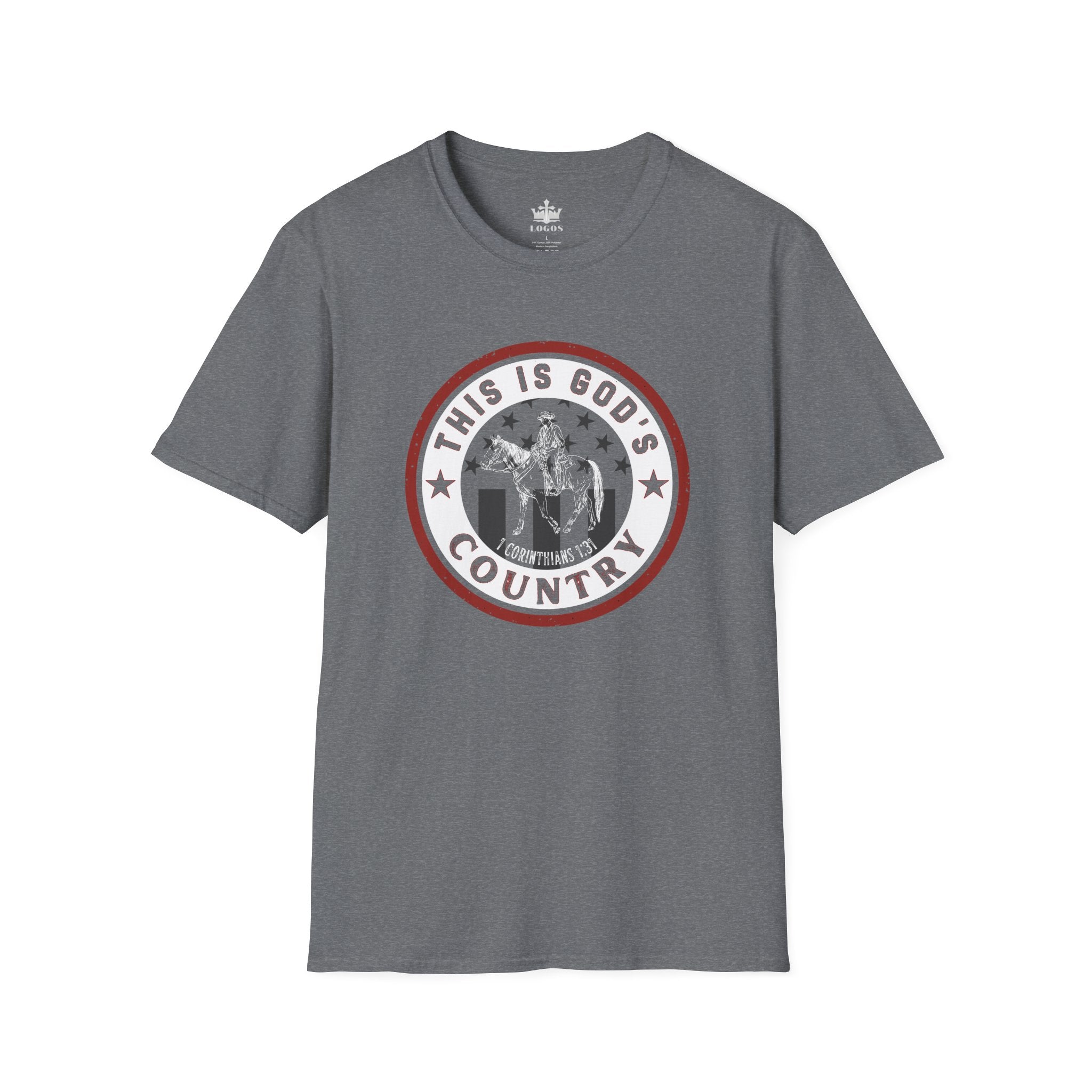 Gods Country patriotic t-shirt in gray with front graphic design featuring the phrase This Is God's Country