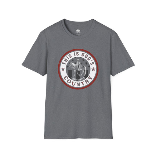 Gods Country patriotic t-shirt in gray with front graphic design featuring the phrase This Is God's Country