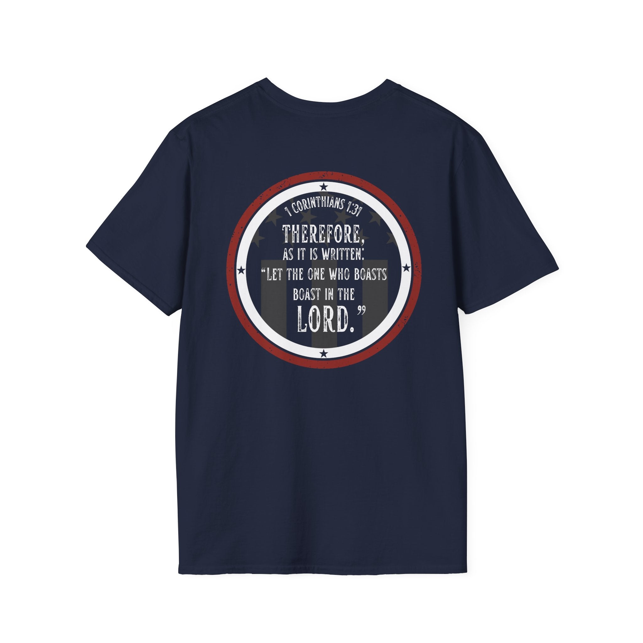 Gods Country patriotic t-shirt with 1 Corinthians 1:31 scripture in navy blue, back view