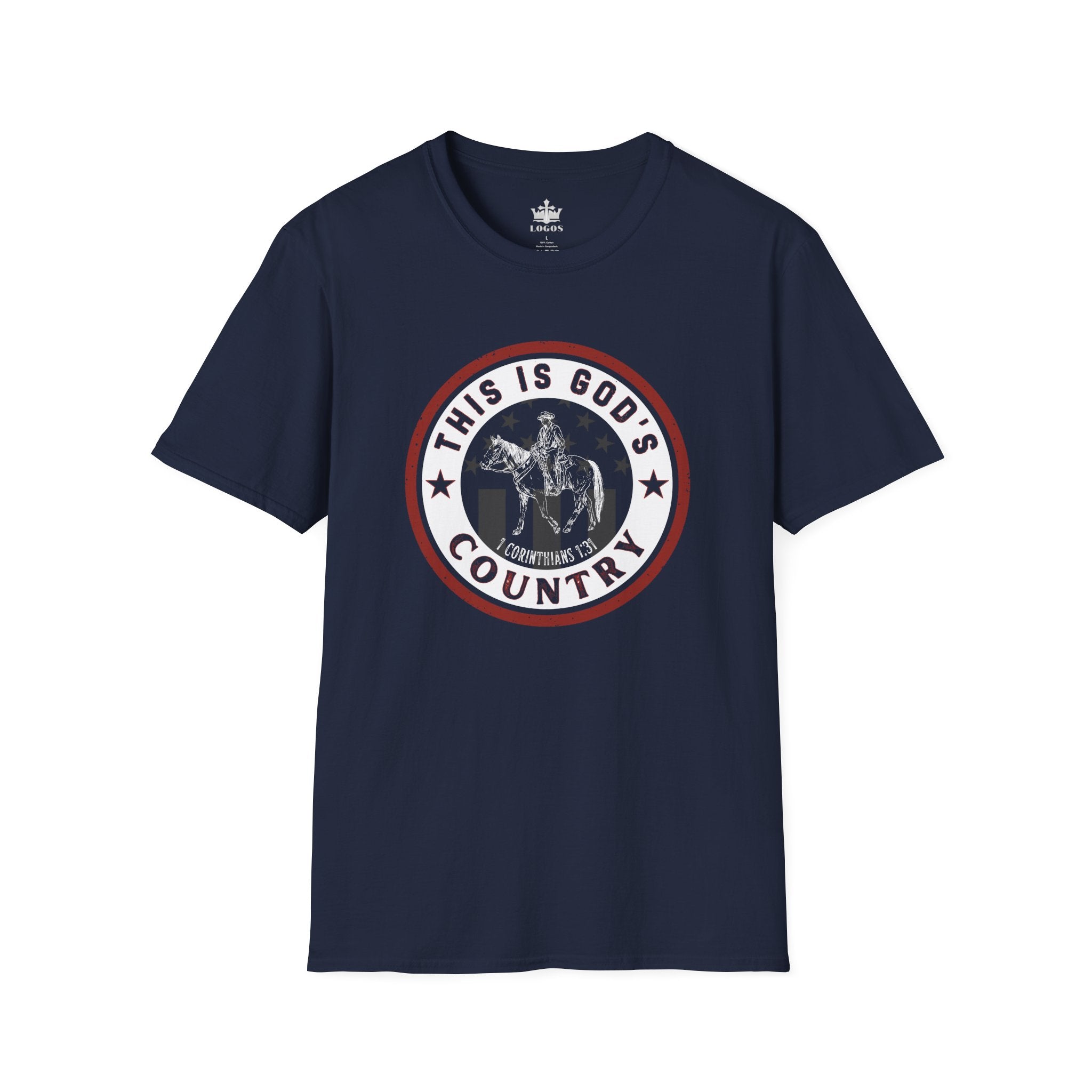 Men's navy blue Gods Country patriotic t-shirt featuring a bold graphic with a scripture design
