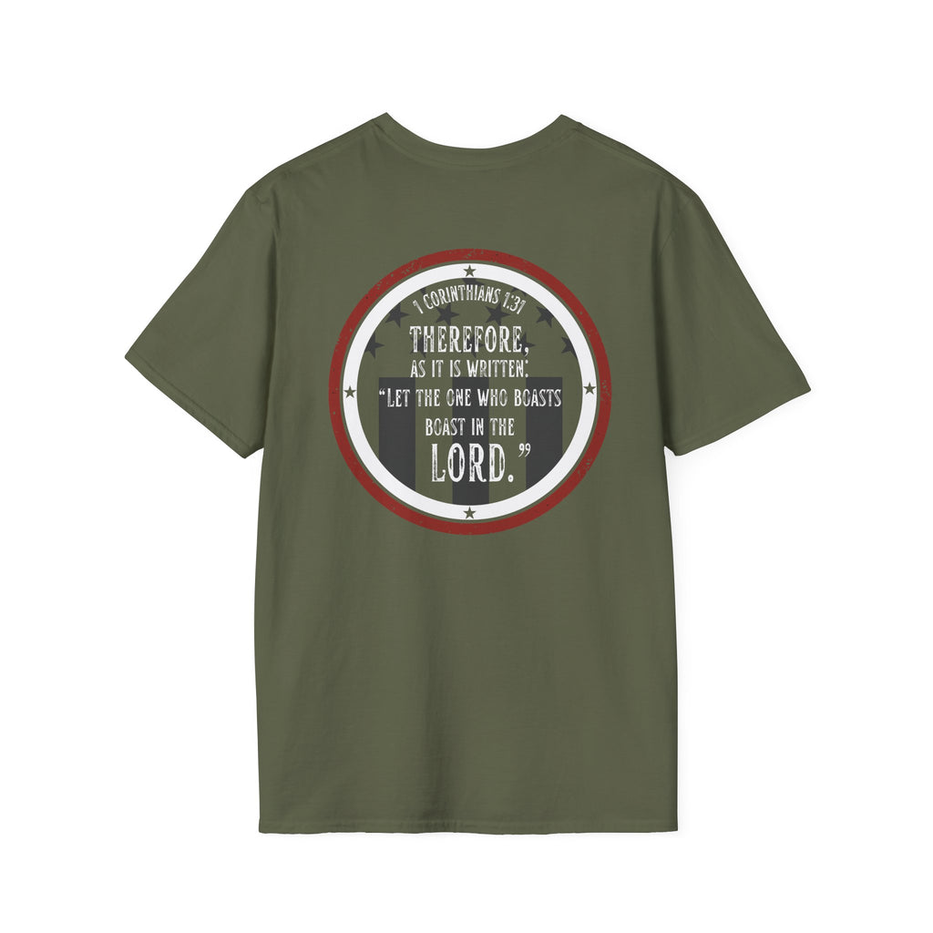 Back view of olive green Gods Country patriotic t-shirt featuring 1 Corinthians 1:31 scripture