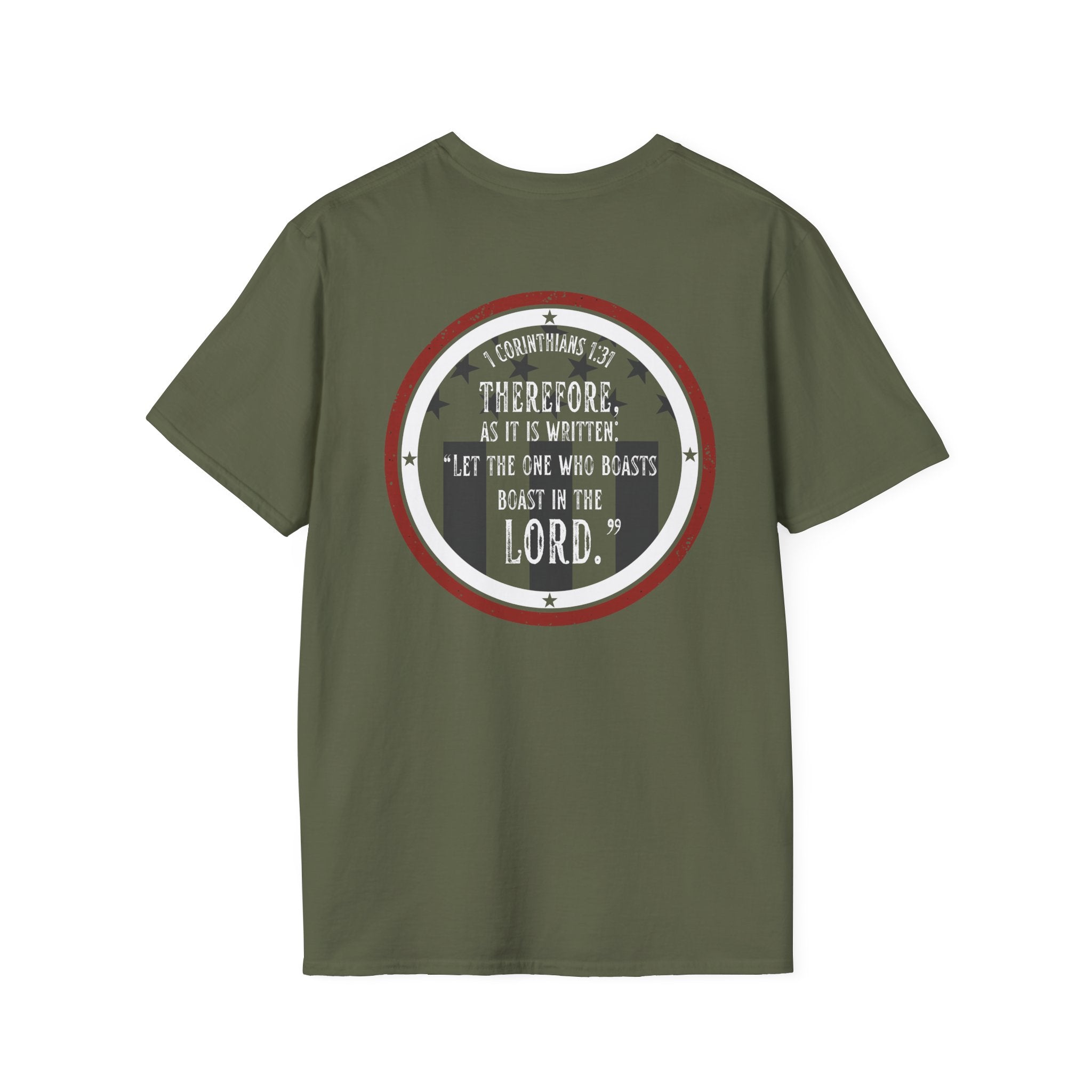 Back view of olive green Gods Country patriotic t-shirt featuring 1 Corinthians 1:31 scripture