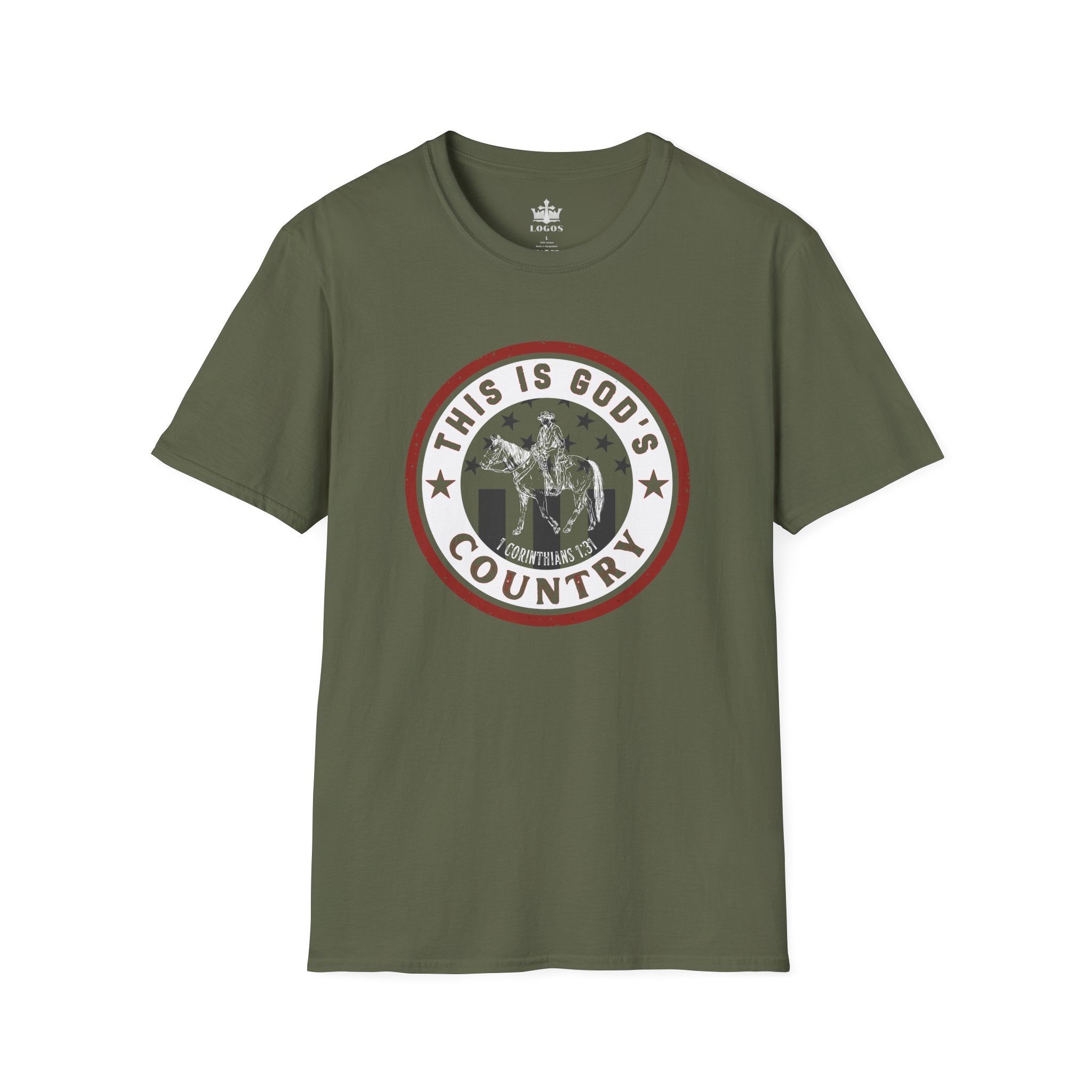 Gods Country patriotic t-shirt in olive green with circular graphic on front