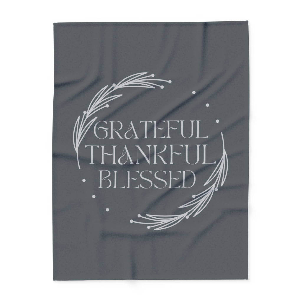 Cozy gray throw blanket with Grateful Thankful Blessed text surrounded by a decorative wreath