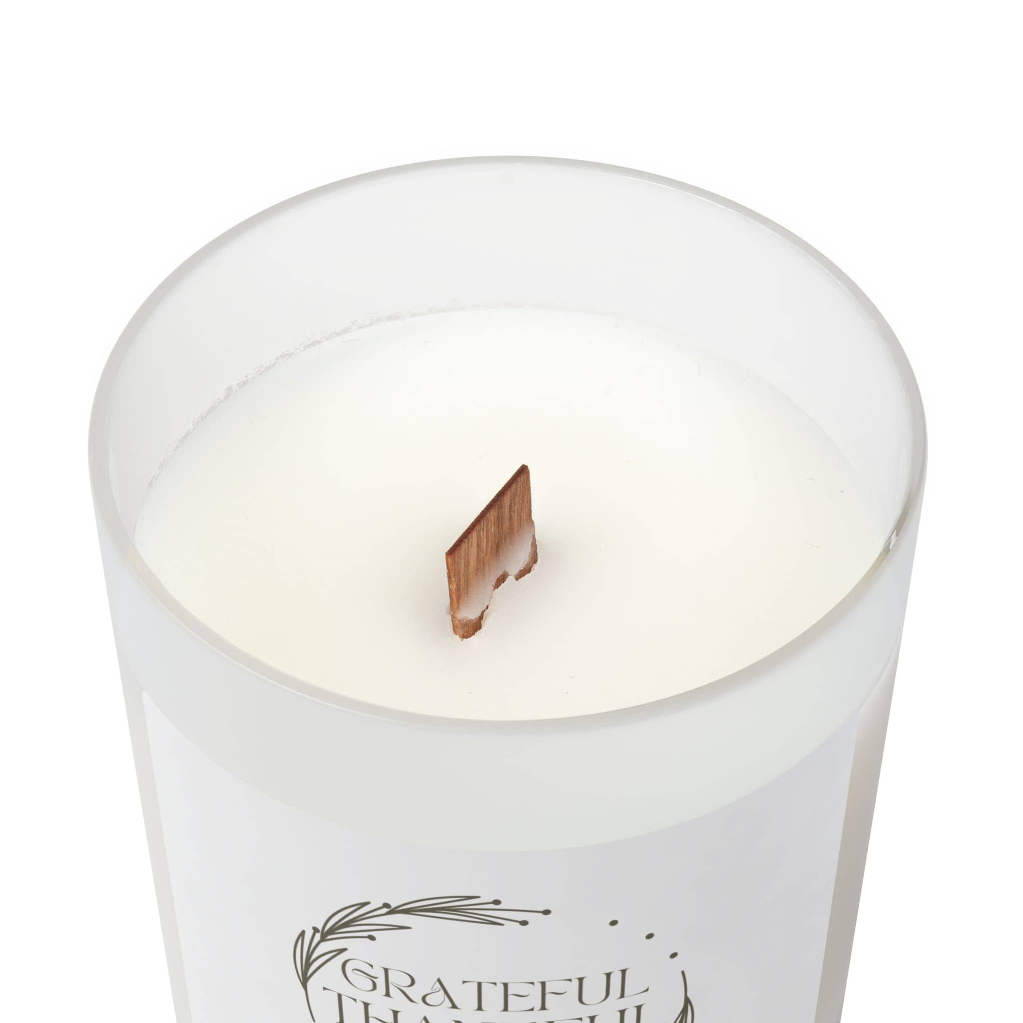 Front view of a white Grateful, Thankful, Blessed Candle with a wooden wick in a glass jar