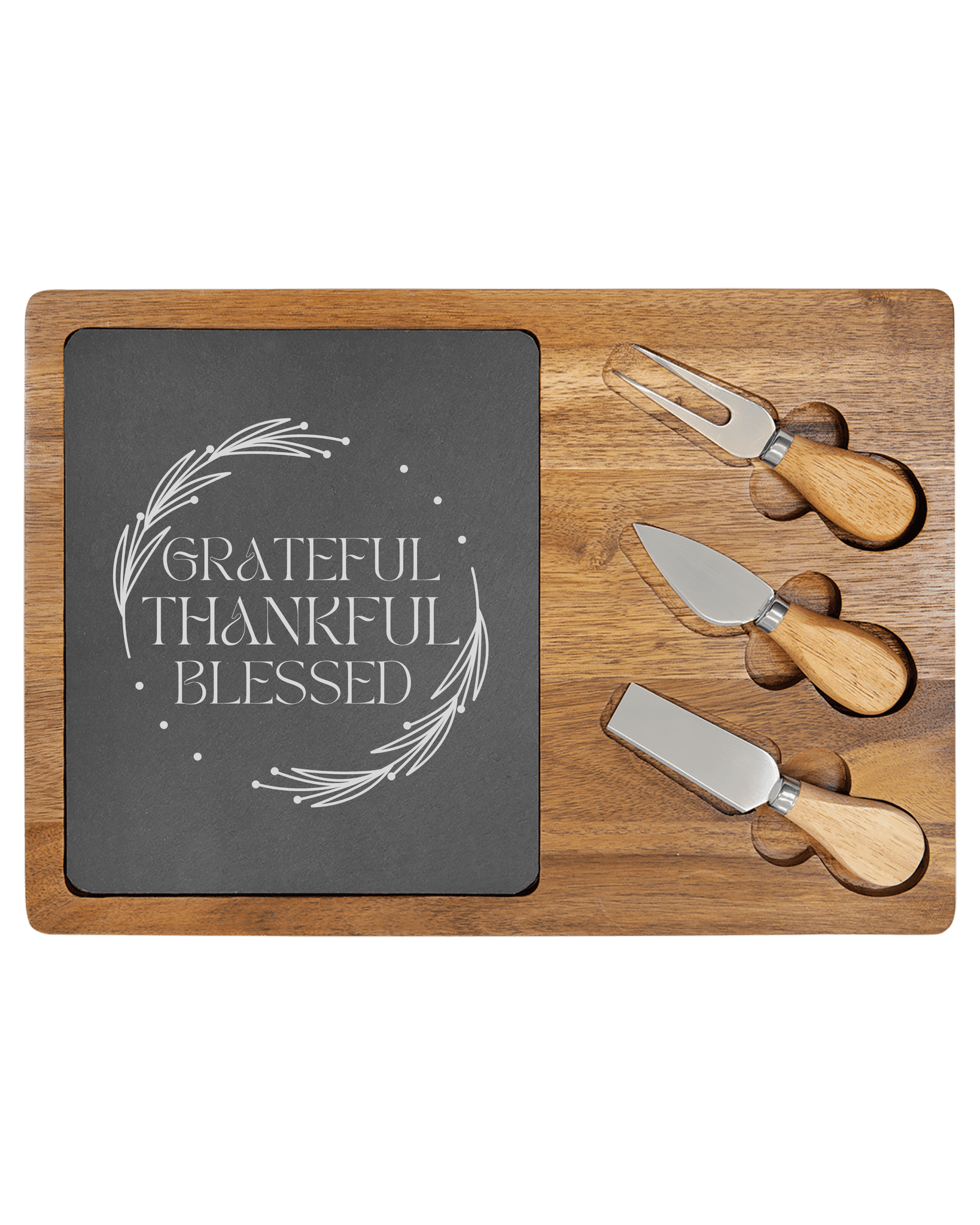 Grateful, Thankful, Blessed Christian Charcuterie Tray with Wooden Knives and Elegant Design