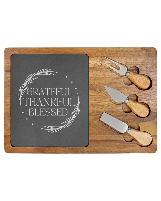 Grateful, Thankful, Blessed Christian Charcuterie Tray with Wooden Knives and Elegant Design