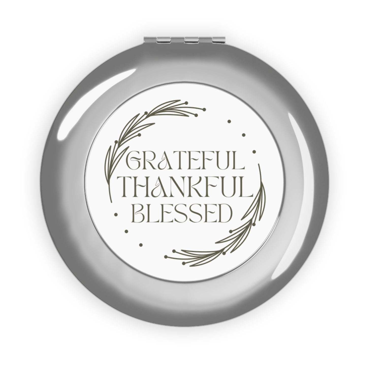 Silver compact mirror featuring Grateful Thankful Blessed design with elegant floral accents