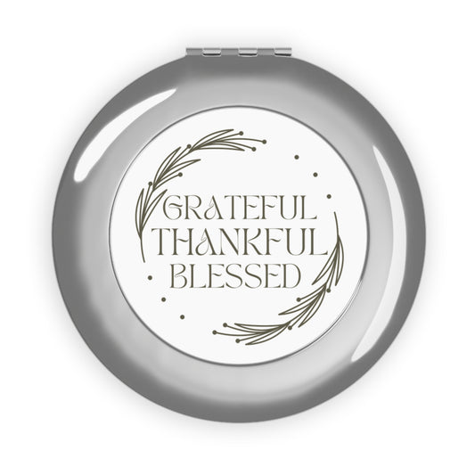 Silver compact mirror featuring Grateful Thankful Blessed design with elegant floral accents