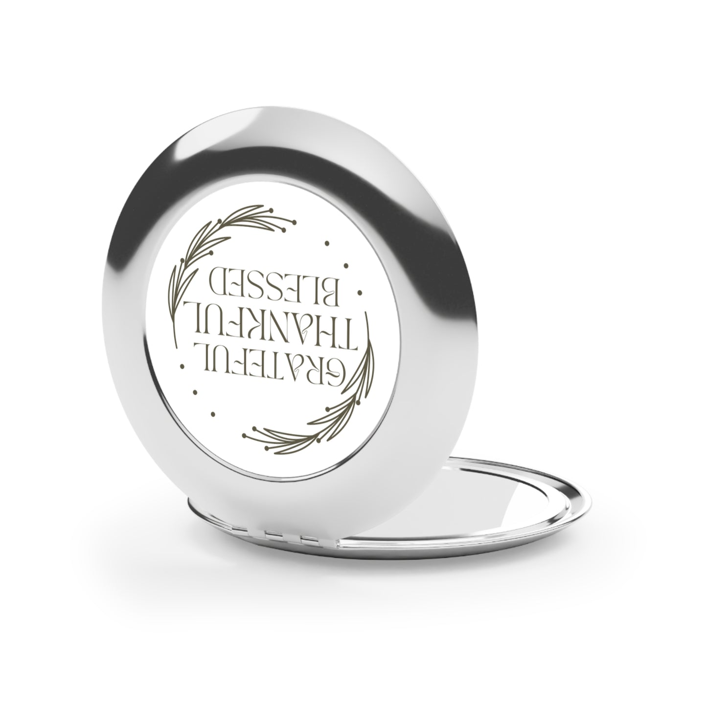 Grateful Thankful Blessed compact mirror with a sleek silver design and elegant lettering