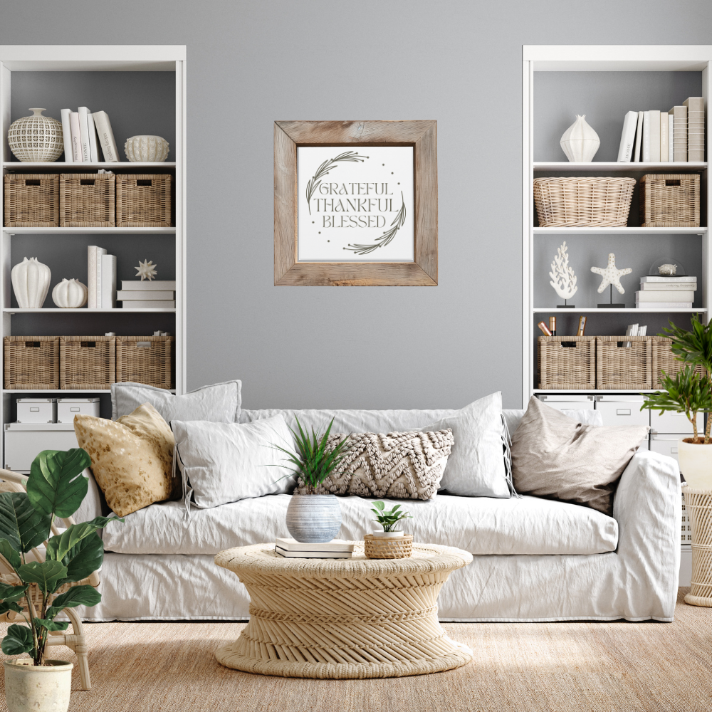 Grateful Thankful Blessed Matte Canvas Wall Art Neutral Home Decor in neutral colors, displayed in a living room setting