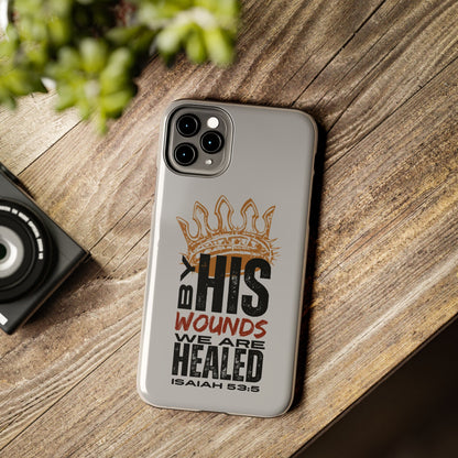 Logos Co. gray scripture phone cover with Isaiah 53:5 healing design for iPhone
