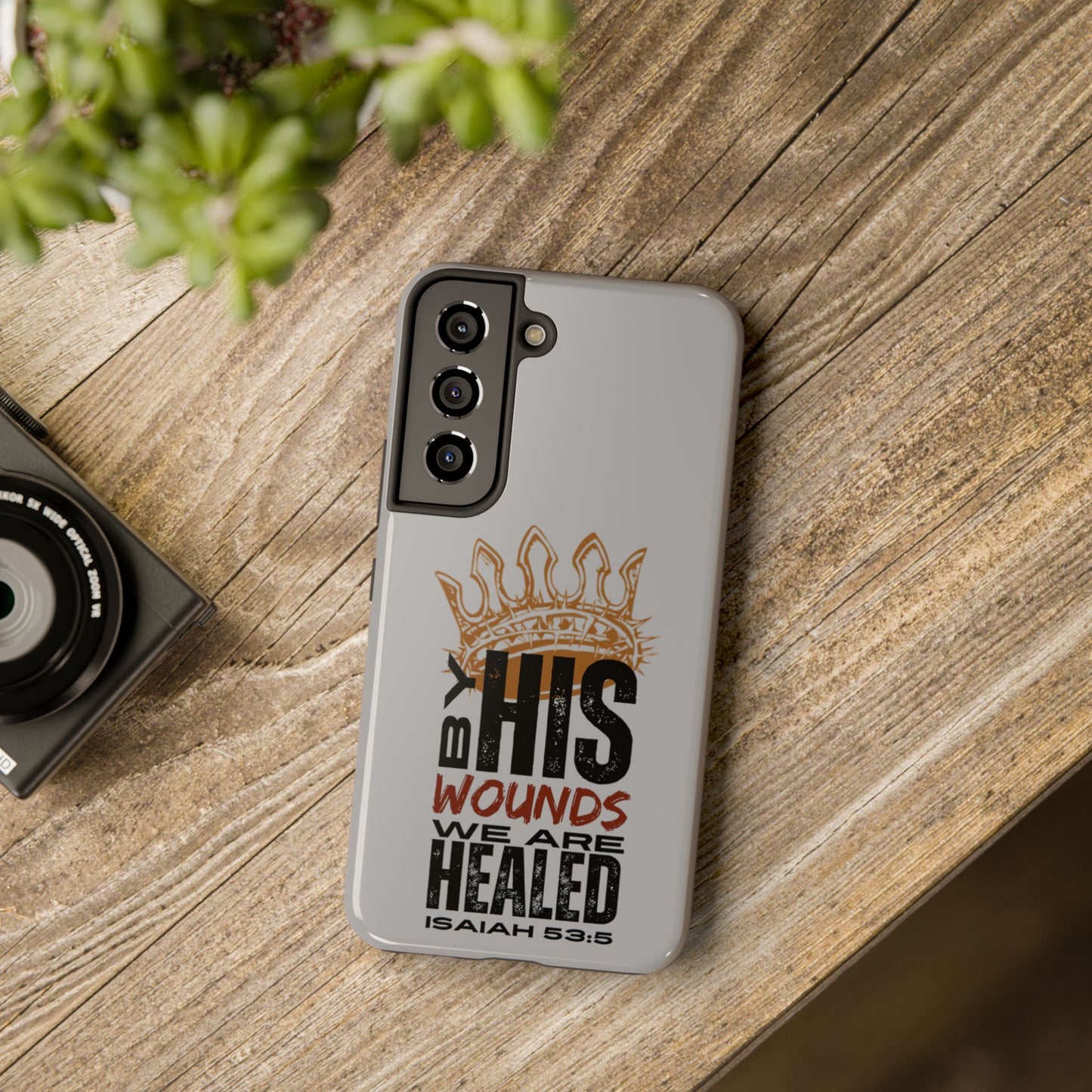 Logos Christ Our Healer gray scripture phone cover with verse Isaiah 53:5 design 