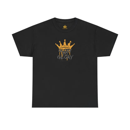Black heavy cotton Scripture shirt with gold crown and glory text print by Logos Co.