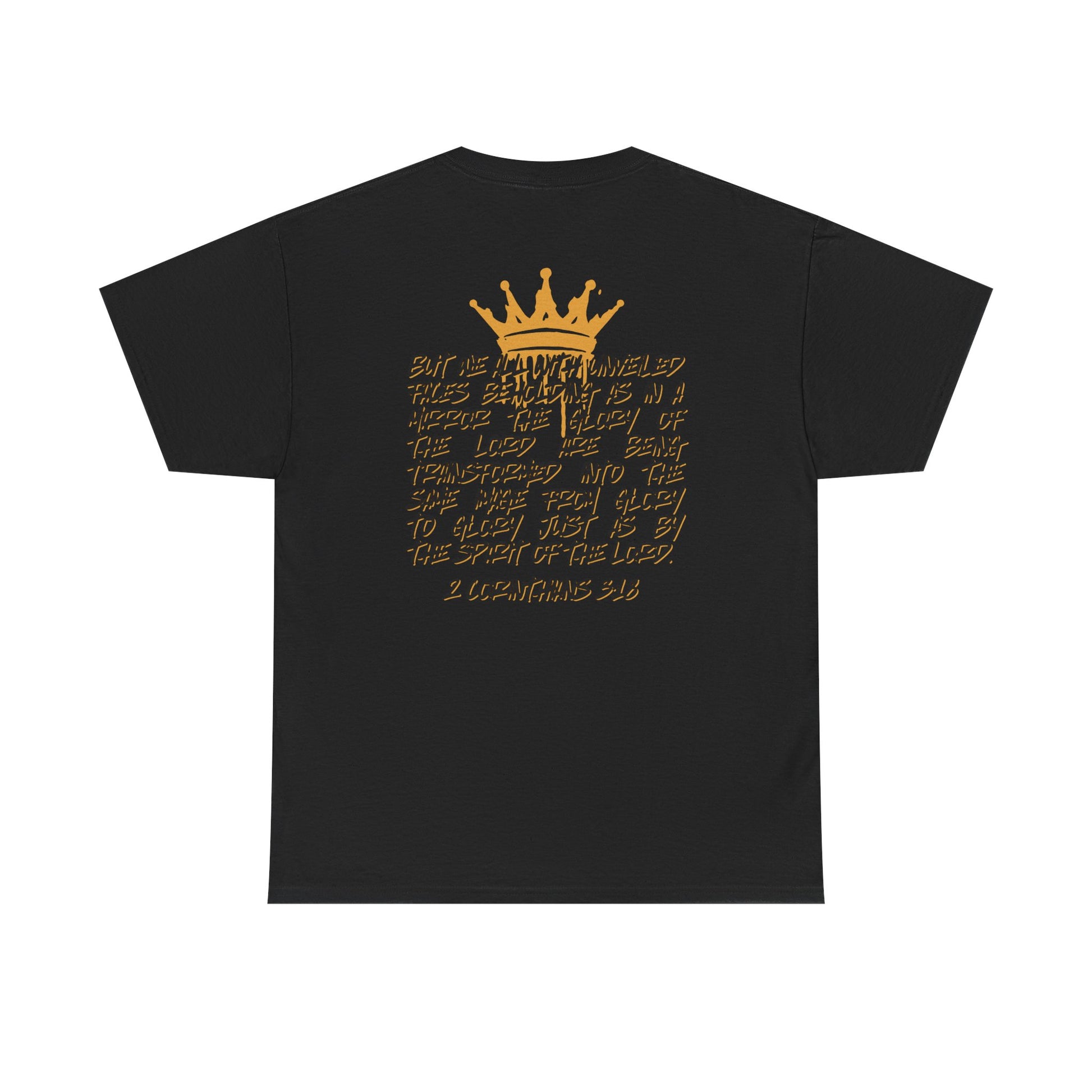 Black heavy cotton Scripture shirt with gold crown and Bible verse design on the back