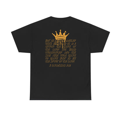 Black heavy cotton Scripture shirt with gold crown and Bible verse design on the back