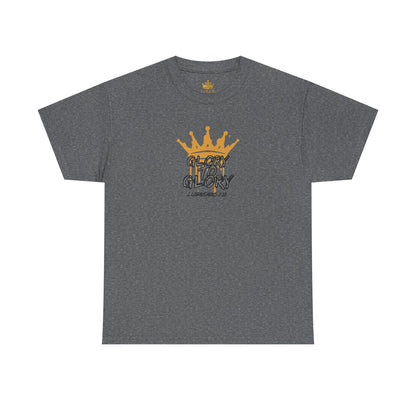 Logos Co. heavy cotton Scripture shirt in gray with gold crown and Glory design on front
