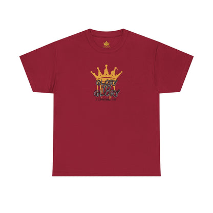 Red heavy cotton Scripture shirt with golden crown and Glory design by Logos Co.