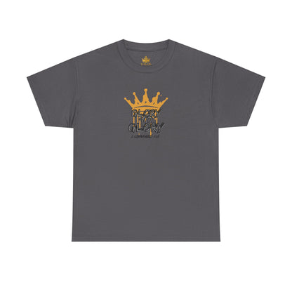 Gray heavy cotton Scripture shirt with gold crown and Glory text printed on front by Logos 