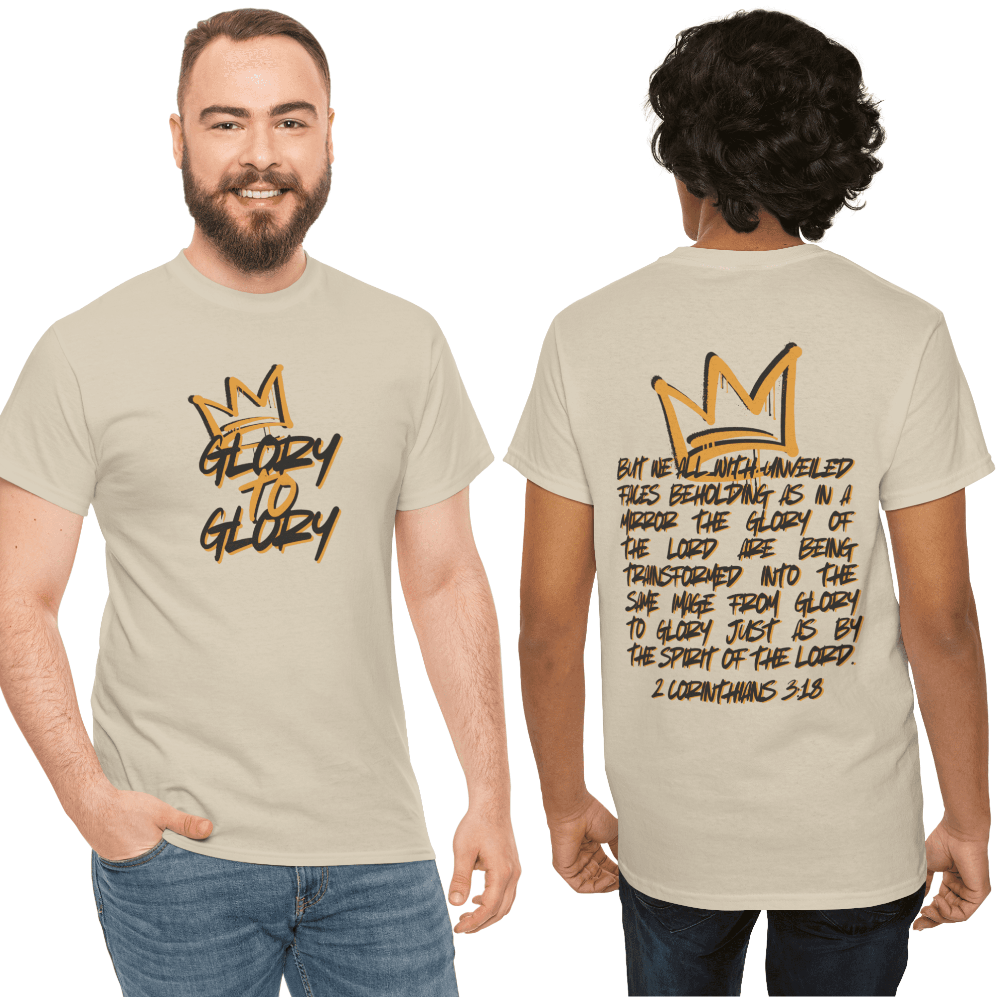 Heavy cotton Scripture shirt with 'Glory to Glory' phrase in beige, featuring a crown design on the front and scripture on the back