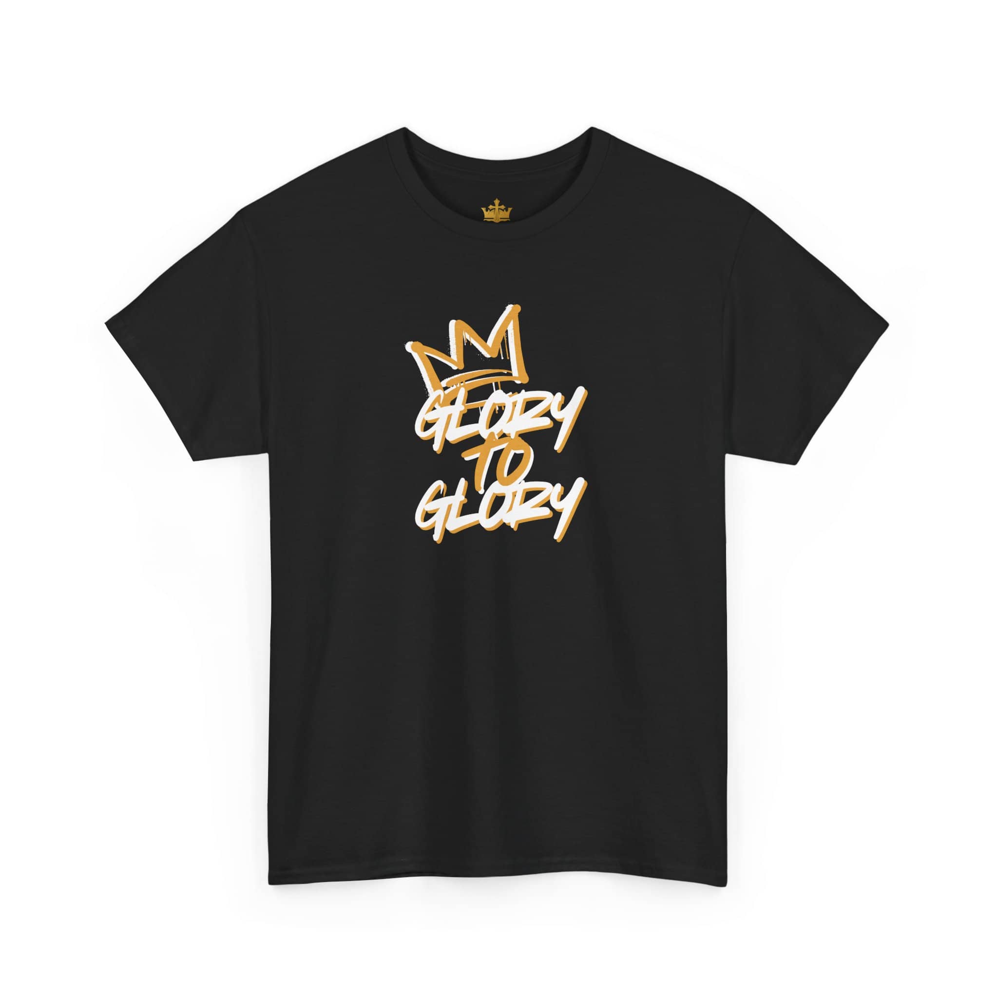 Front view of heavy cotton Scripture shirt in black with 'Glory to Glory' graphic