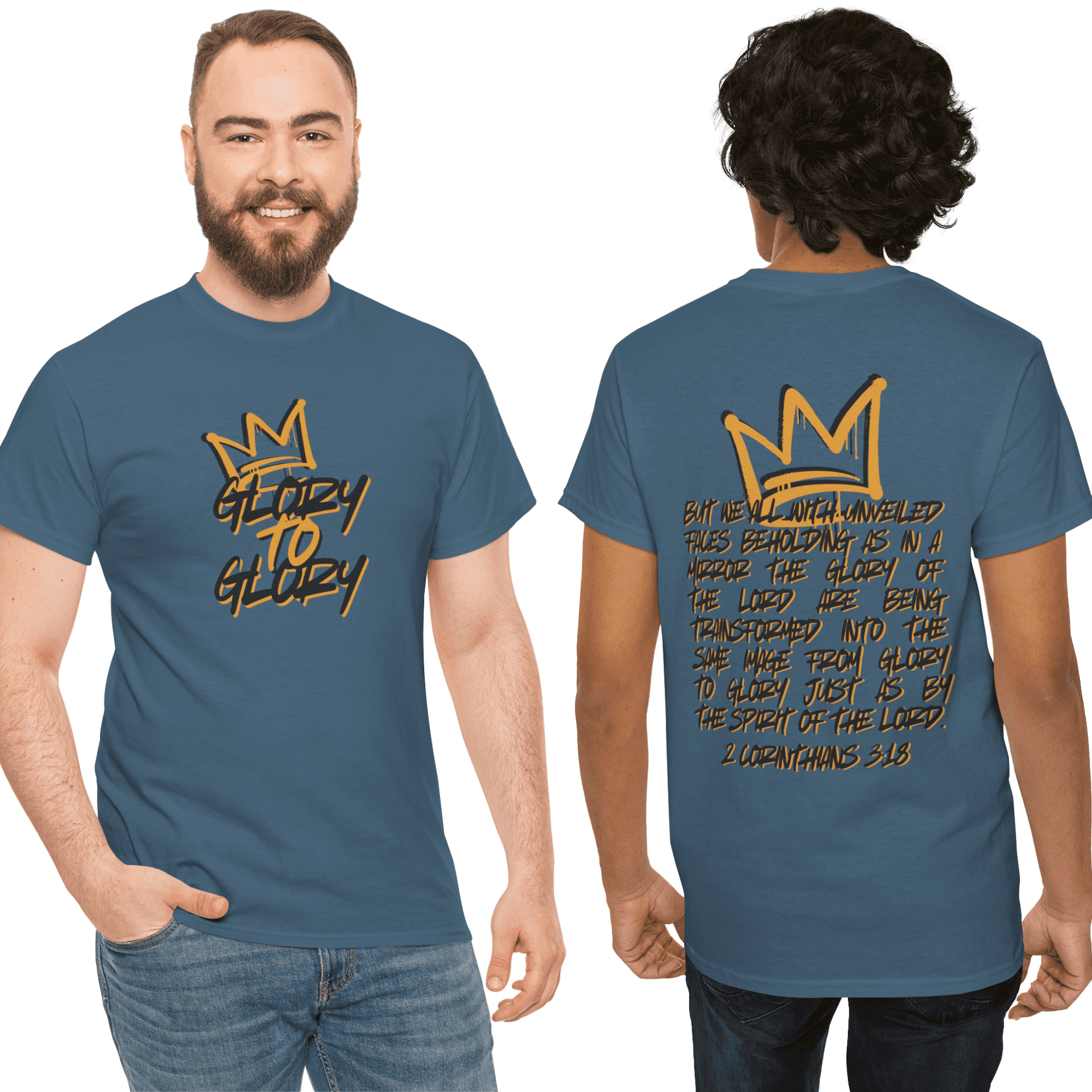 Front view of heavy cotton Scripture shirt in blue featuring the phrase Glory to Glory
