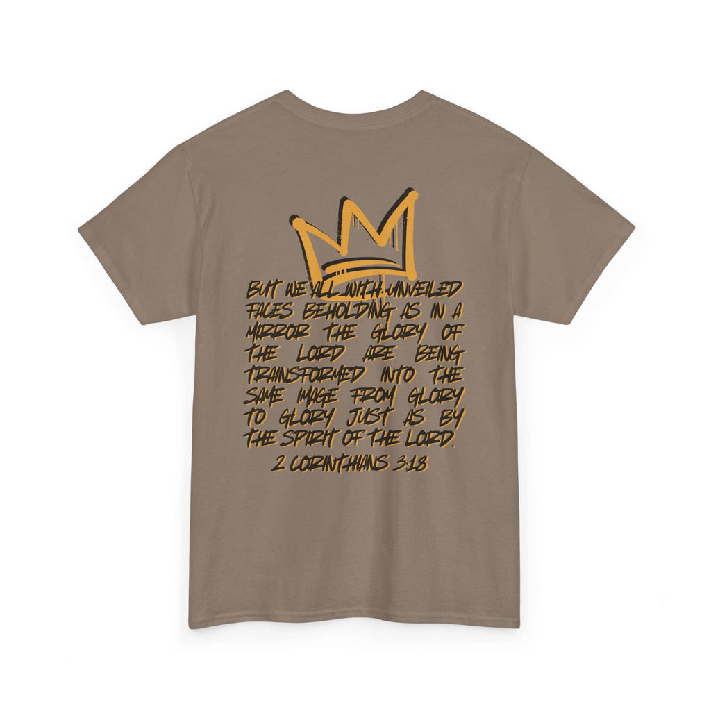 Heavy cotton Scripture shirt with 2 Corinthians 3:18 in brown color, back view