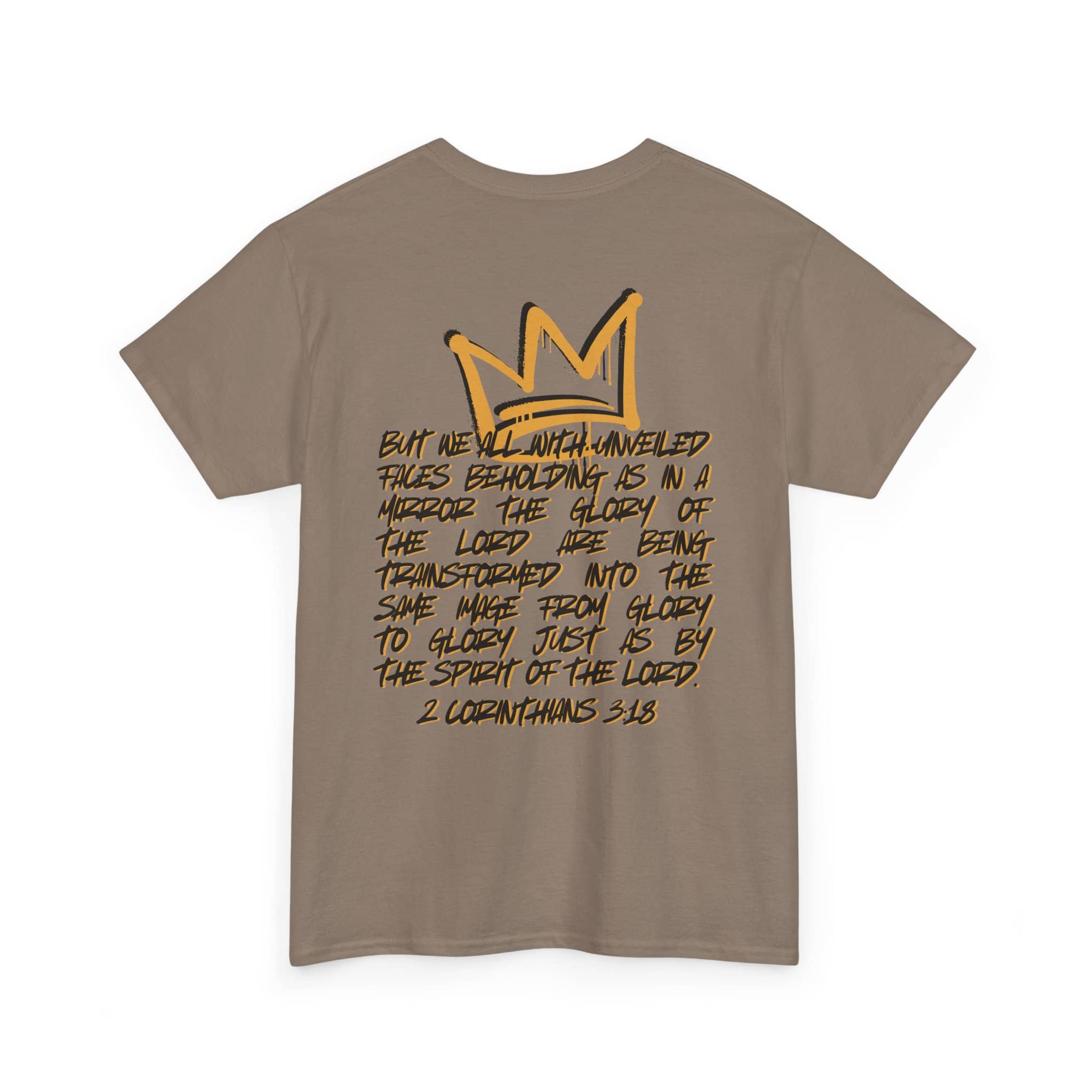 Heavy cotton Scripture shirt with 2 Corinthians 3:18 in brown color, back view
