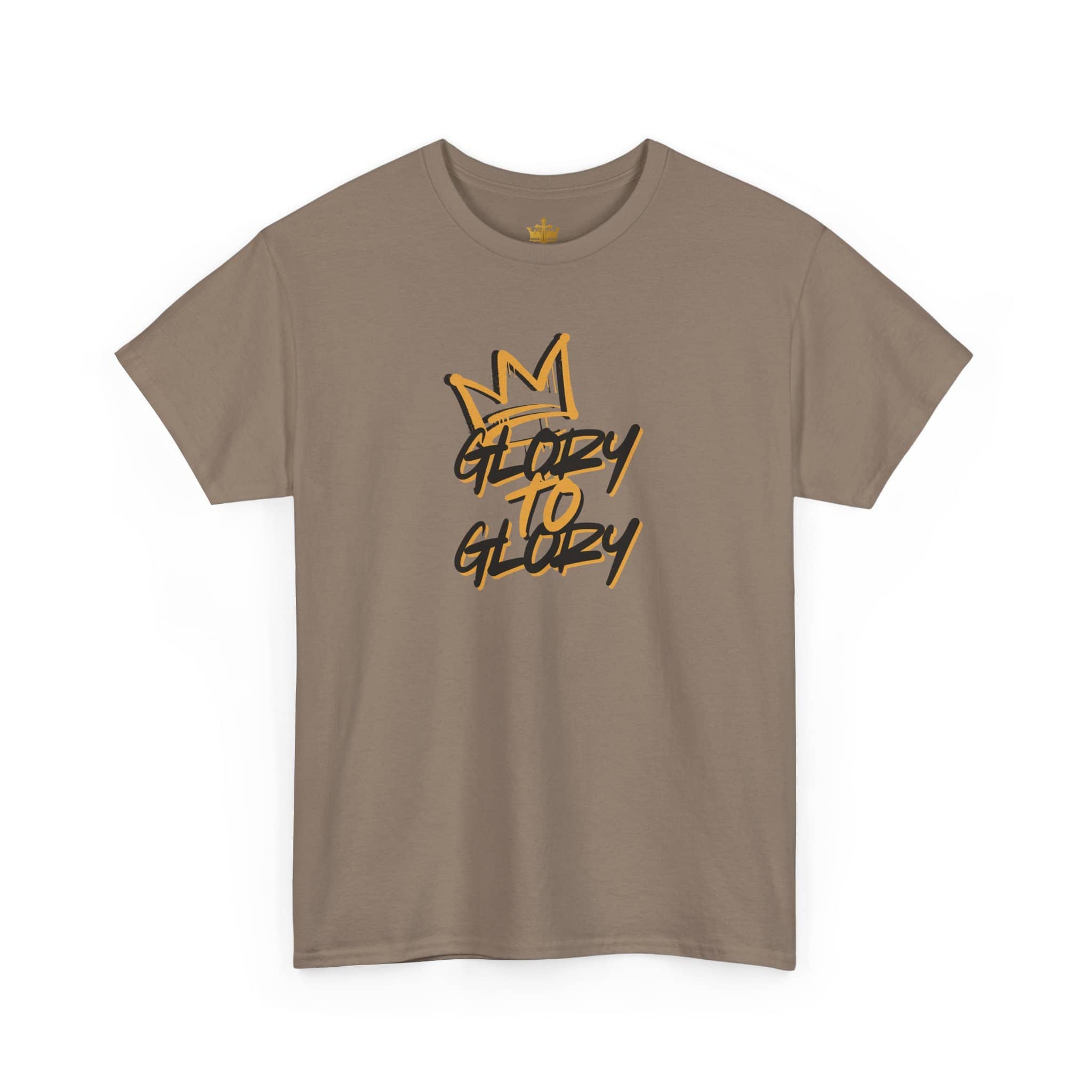 Heavy cotton Scripture shirt in beige featuring the phrase Glory to Glory on the front