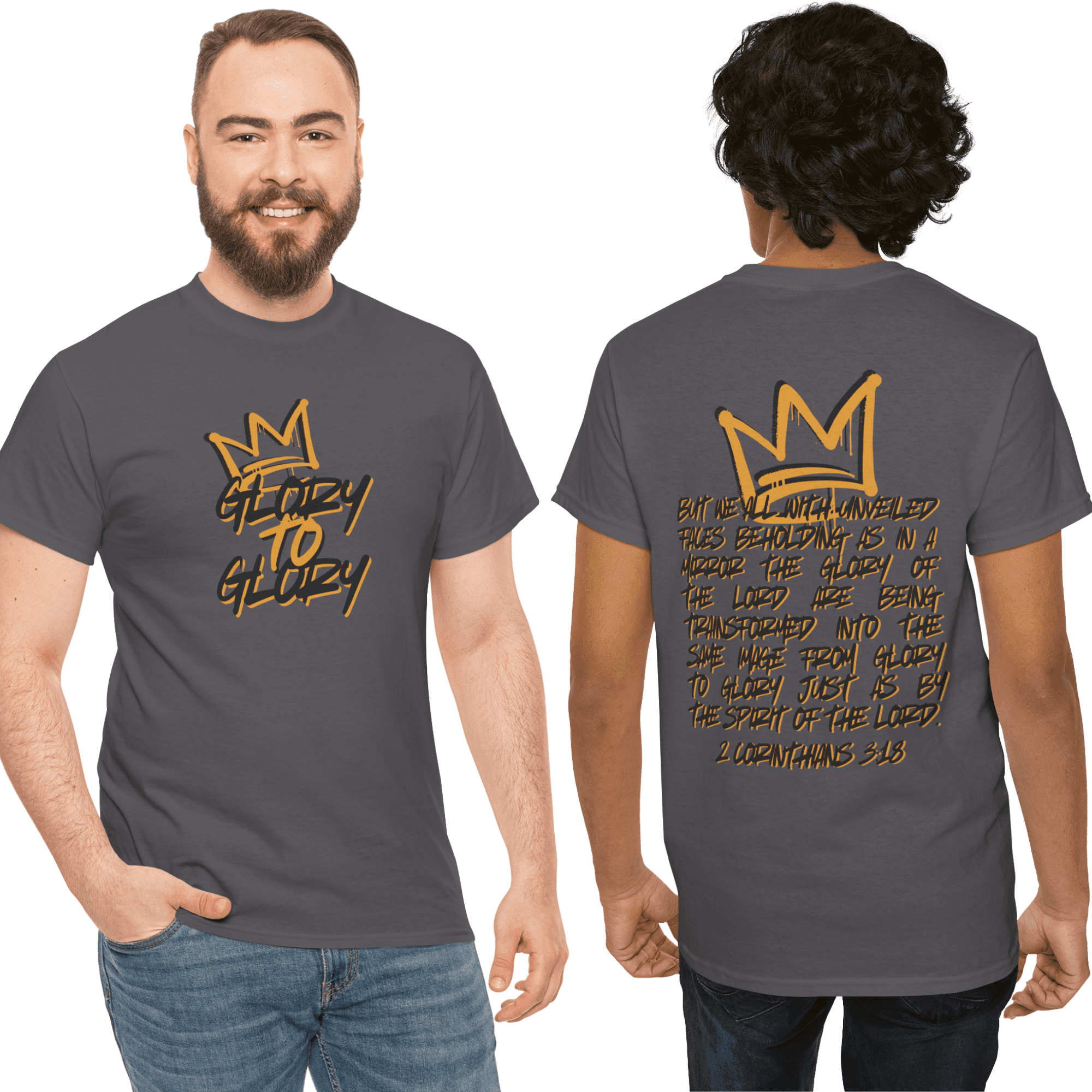 Heavy cotton Scripture shirt featuring 'Glory to Glory' design in gold on a dark gray background, front and back view.