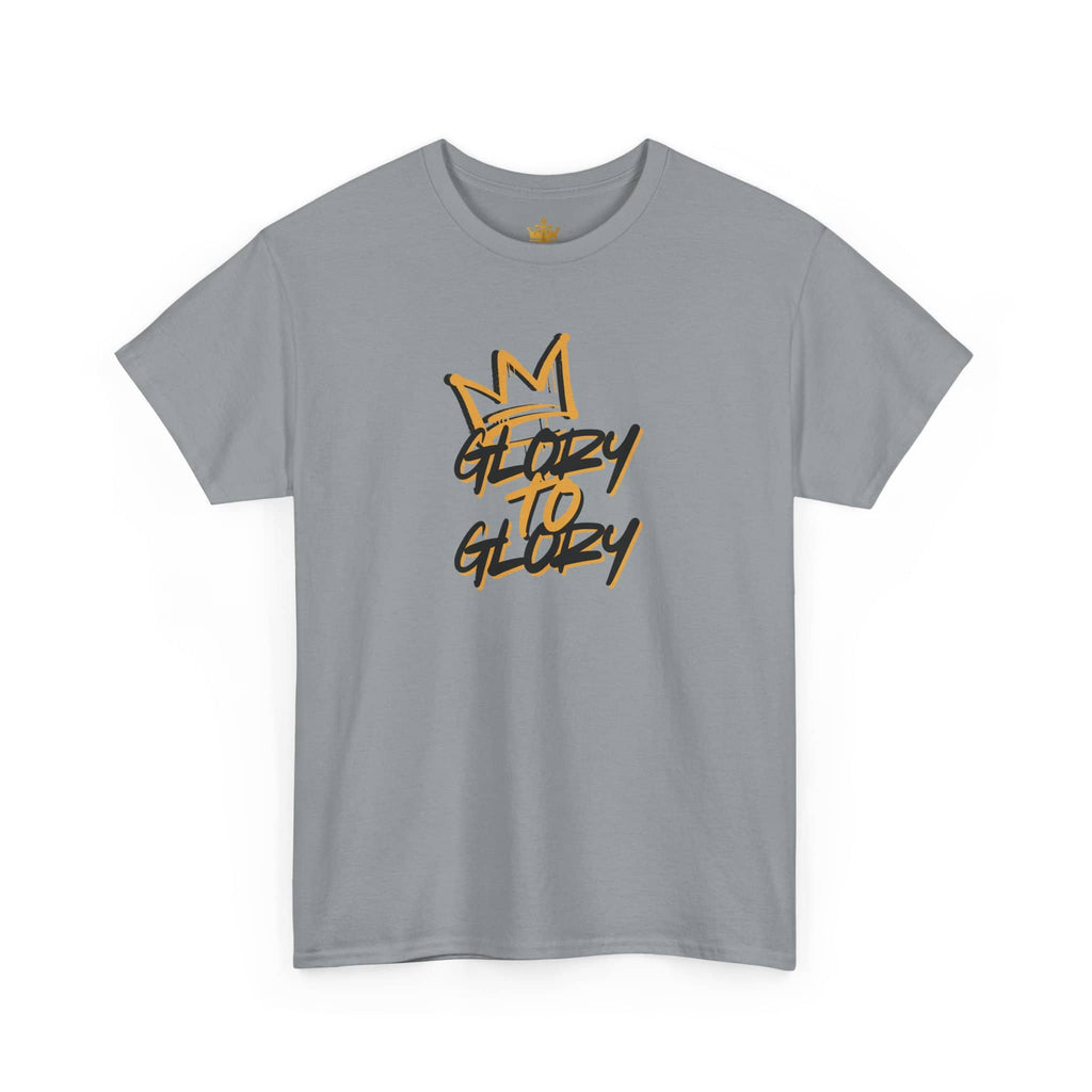 Front view of a heavy cotton Scripture shirt in gray with the phrase Glory to Glory