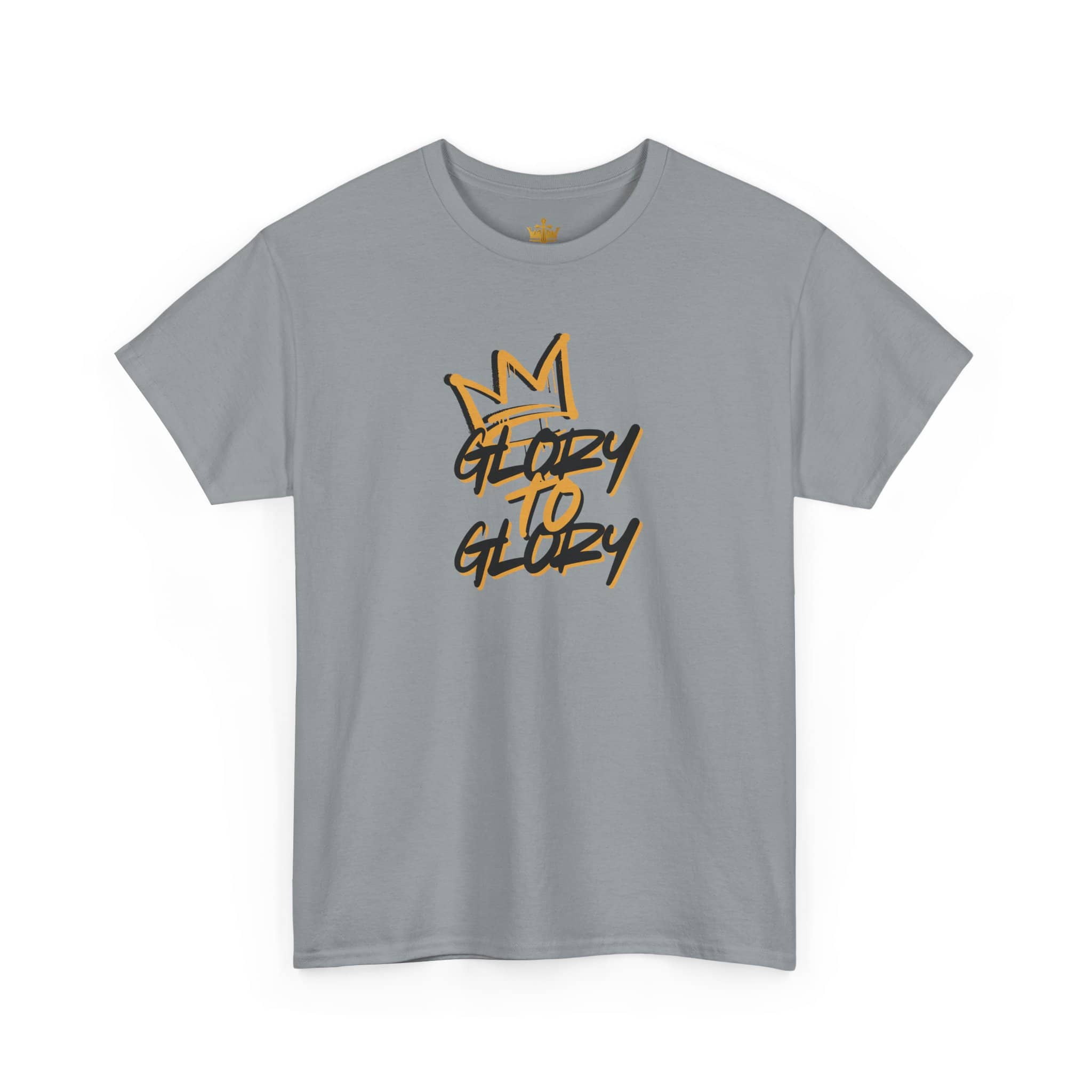 Front view of a heavy cotton Scripture shirt in gray with the phrase Glory to Glory