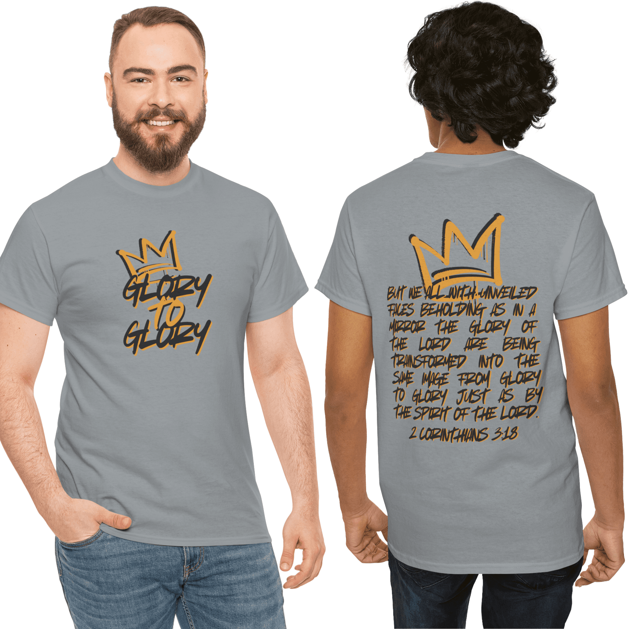 Front view of heavy cotton Scripture shirt featuring 'Glory to Glory' in gold text on gray fabric