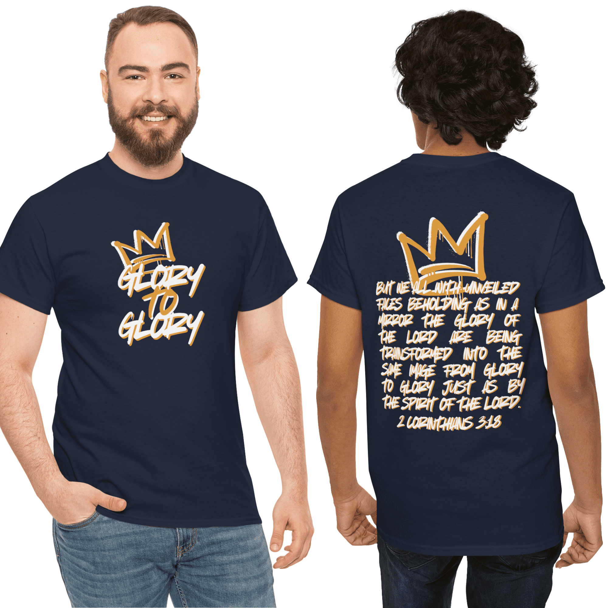 Heavy cotton Scripture shirt with 'Glory to Glory' design in navy blue, front and back view