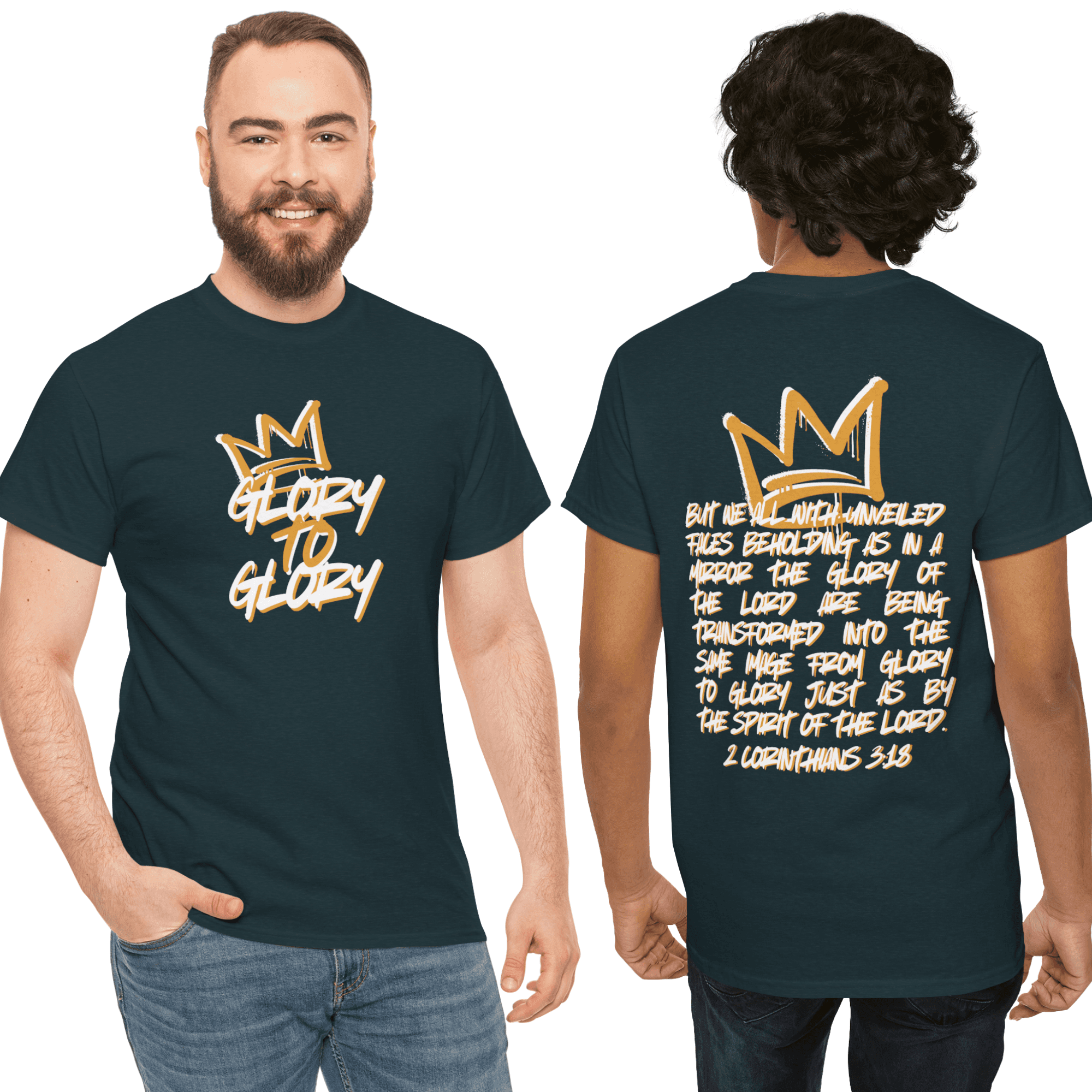 Heavy cotton Scripture shirt in navy featuring 'Glory to Glory' on the front and a Bible verse on the back