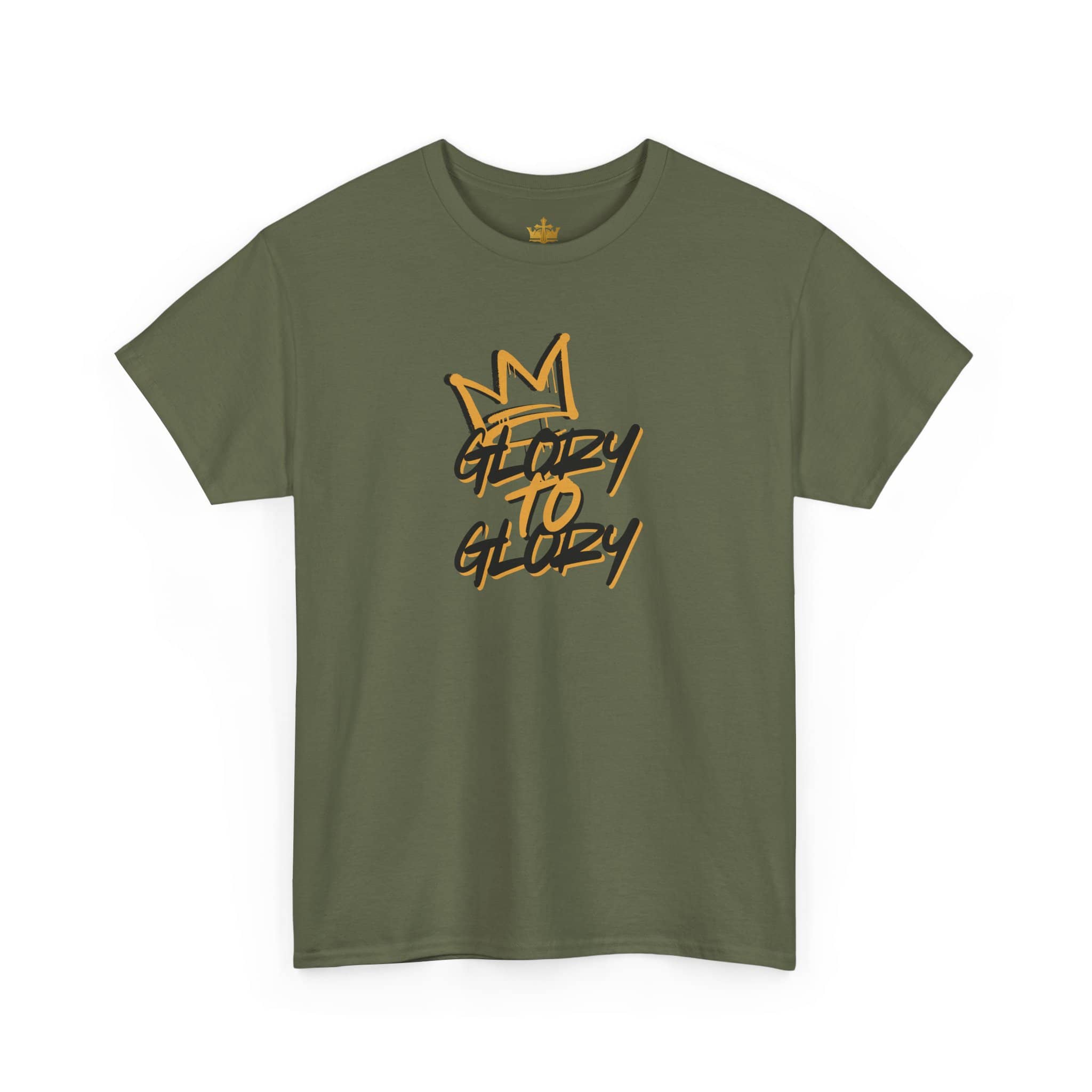 Front view of heavy cotton Scripture shirt in olive green with the phrase 'Glory to Glory' in yellow