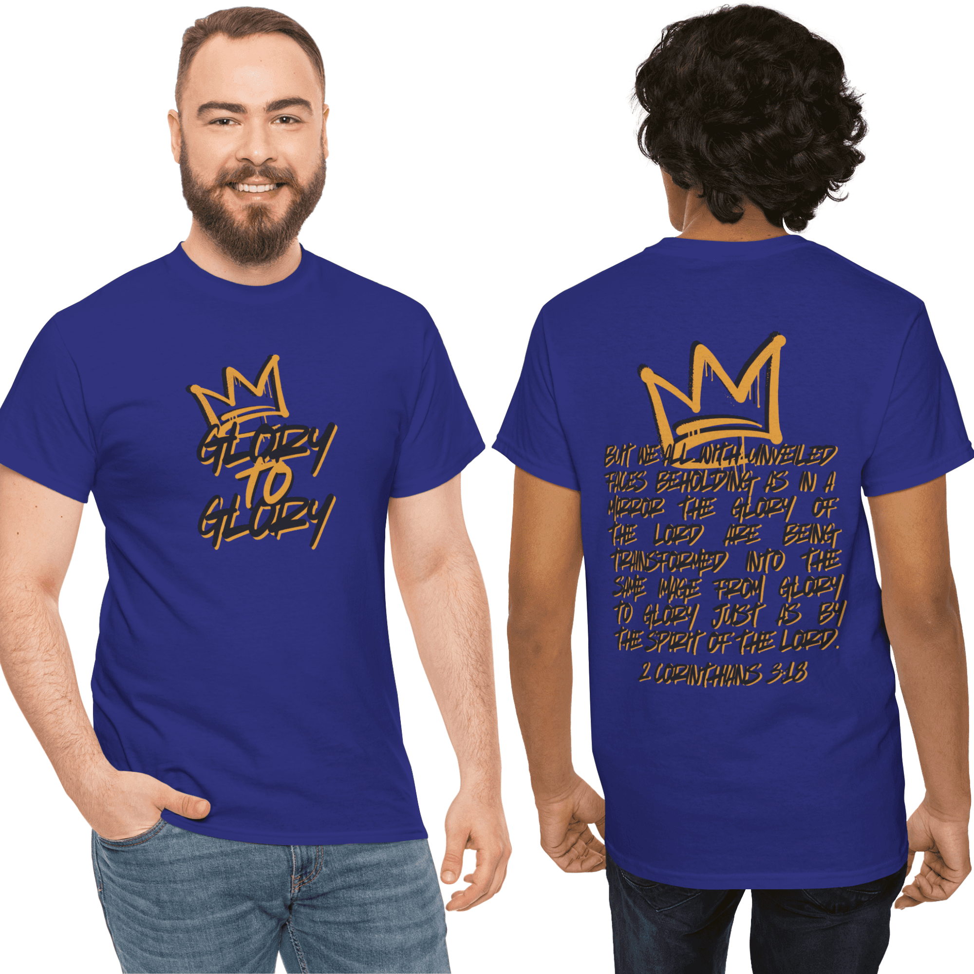 Front and back view of a heavy cotton Scripture shirt in royal blue featuring the phrase Glory to Glory