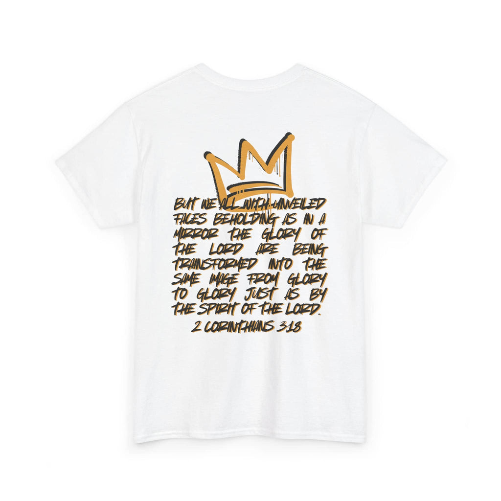 Heavy cotton Scripture shirt with 2 Corinthians 3:18 in gold on the back