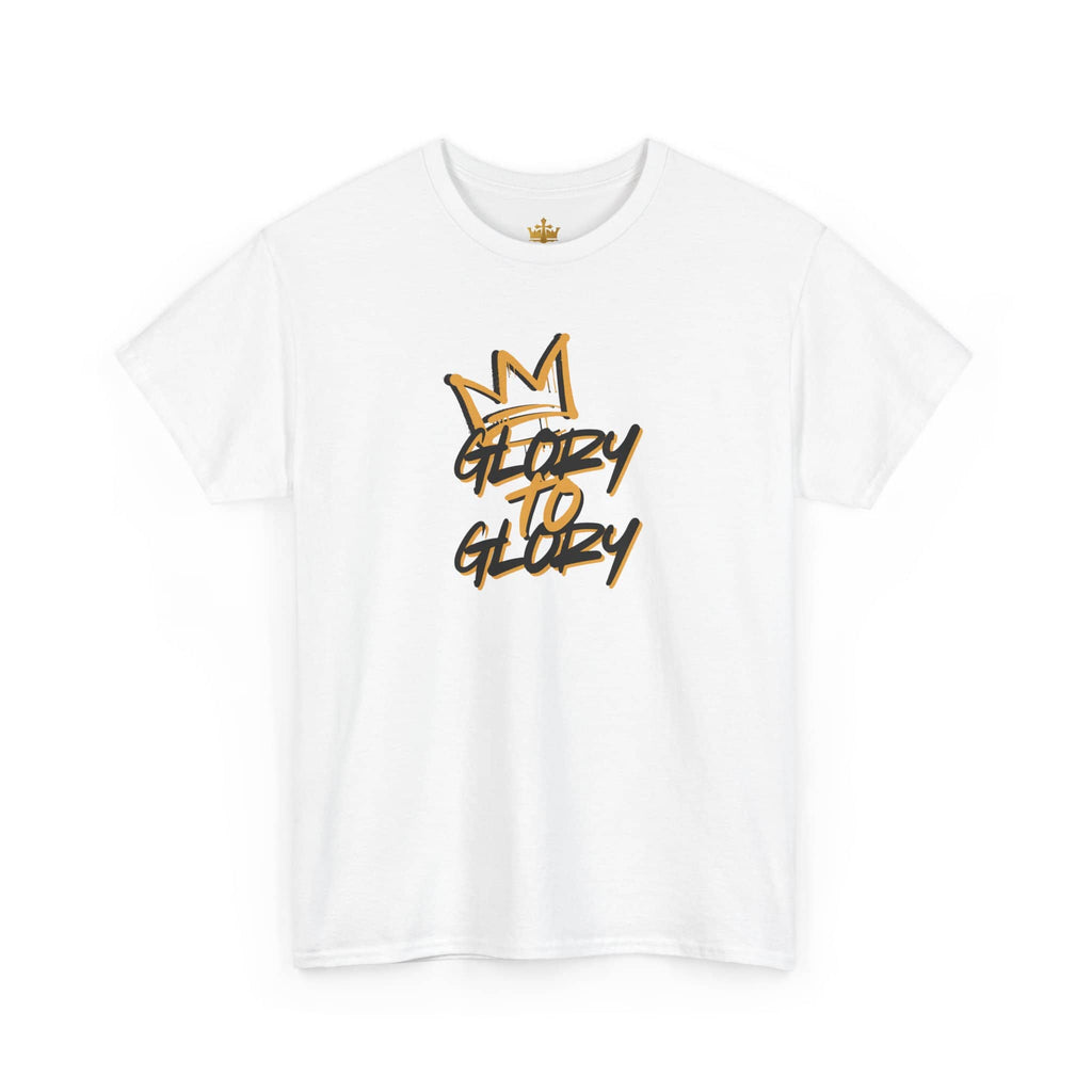 Front view of white heavy cotton Scripture shirt with the phrase 'Glory to Glory' in bold black and gold text
