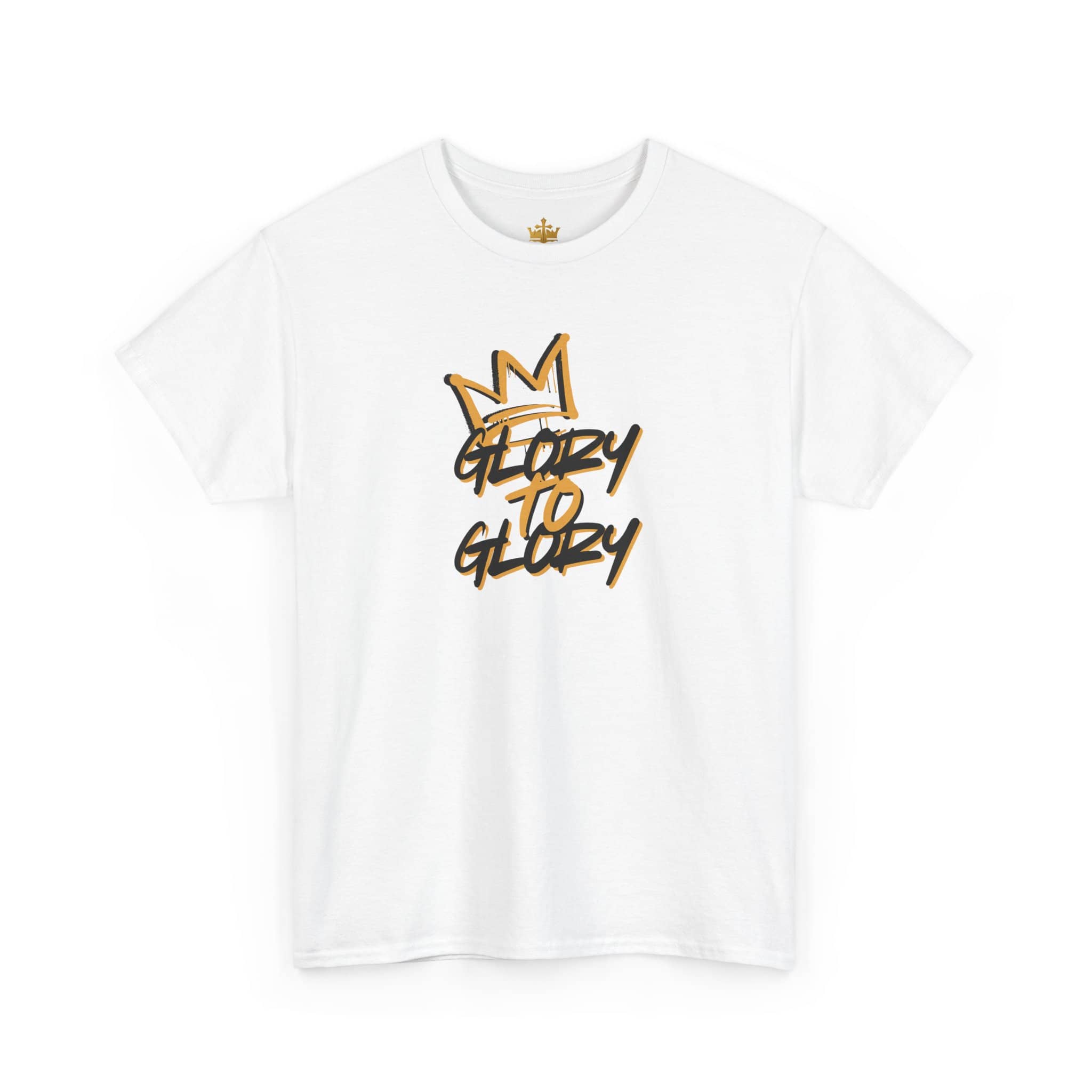 Front view of white heavy cotton Scripture shirt with the phrase 'Glory to Glory' in bold black and gold text