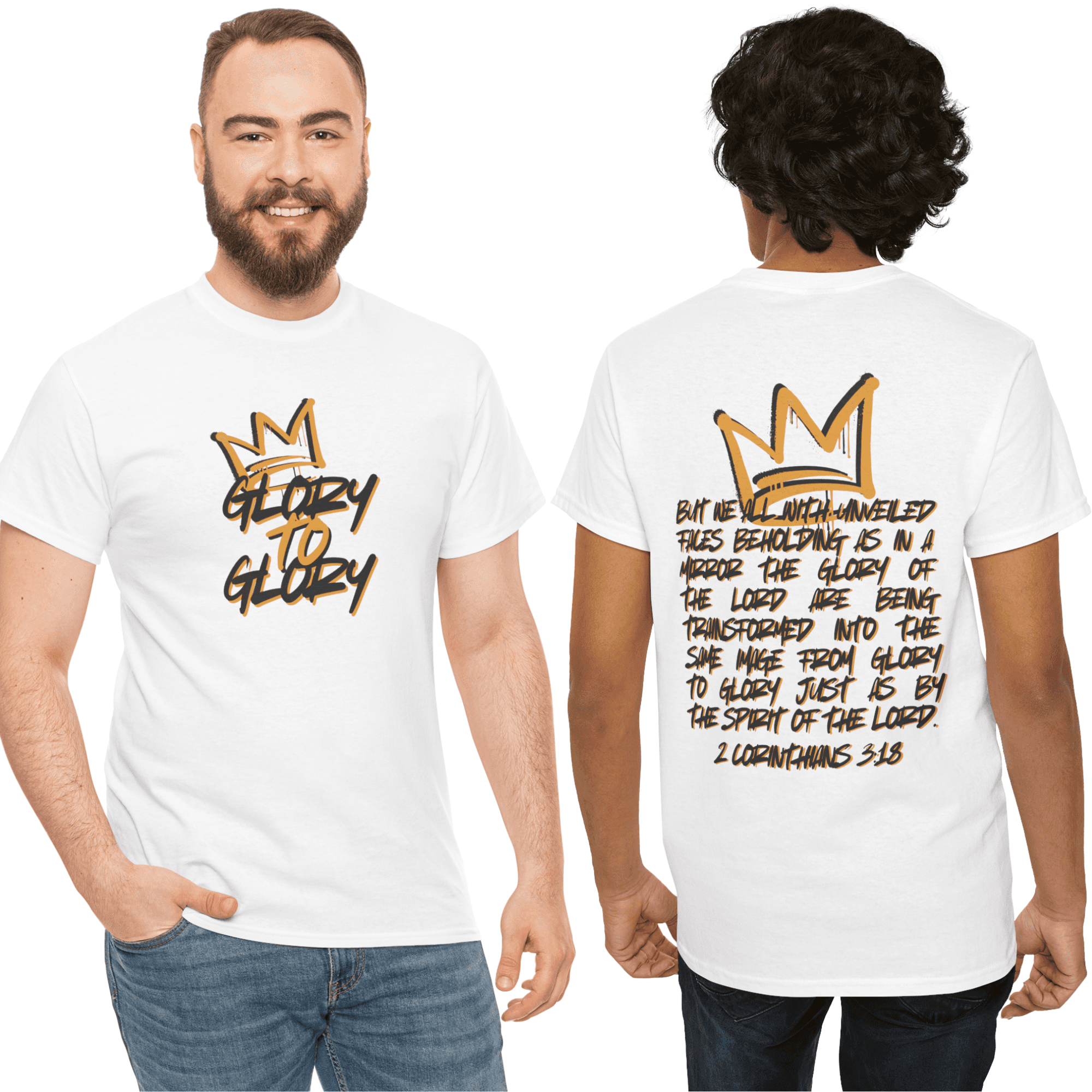 T-Shirt with 'Glory to Glory' scripture in black and gold on front, heavy cotton Scripture shirt with detailed back view