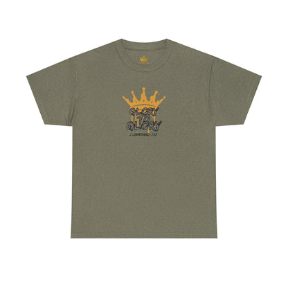 Heather military green heavy cotton Scripture shirt with gold crown and Glory to Glory text design