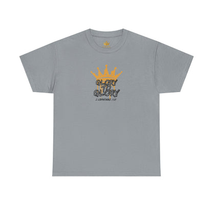 Gray heavy cotton Scripture shirt with gold crown and Glory text design by Logos Co.